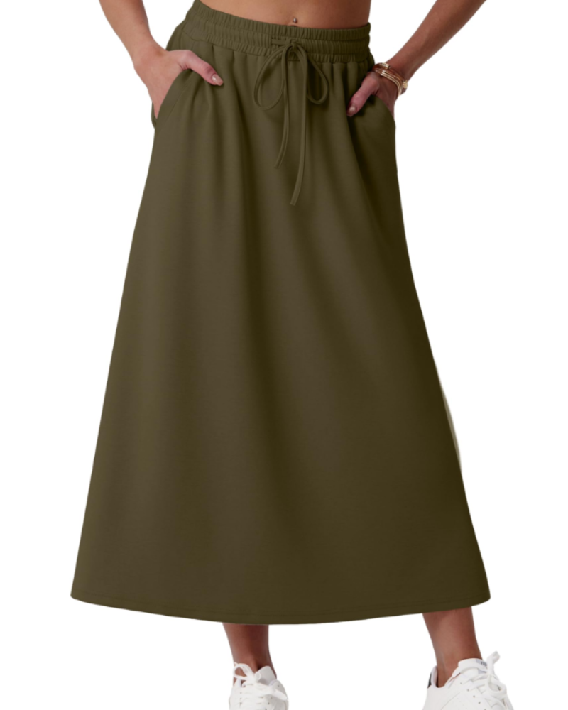 Elena Women’s Maxi Skirt – A-Line Drawstring Skirt with Pockets