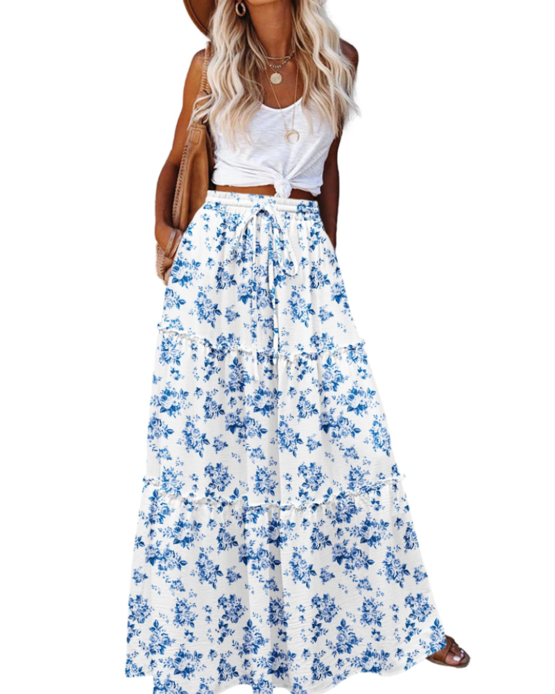 Avery Women’s Maxi Skirt – High Waist Tiered A-Line Skirt with Flared Hem