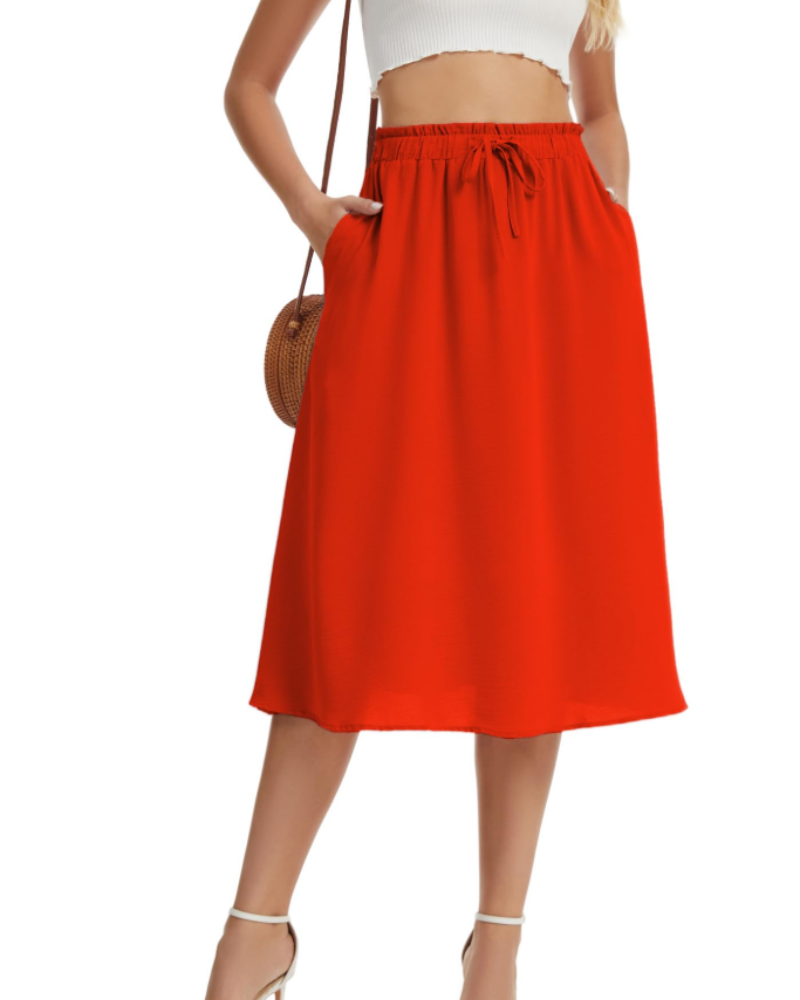 Chloe Women’s Midi Skirt – Linen-Look A-Line Skirt with Drawstring & Pockets