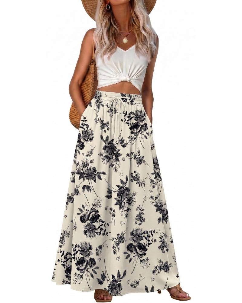 Hannah Women’s Maxi Skirt – Boho A-Line Drawstring Skirt with Pockets