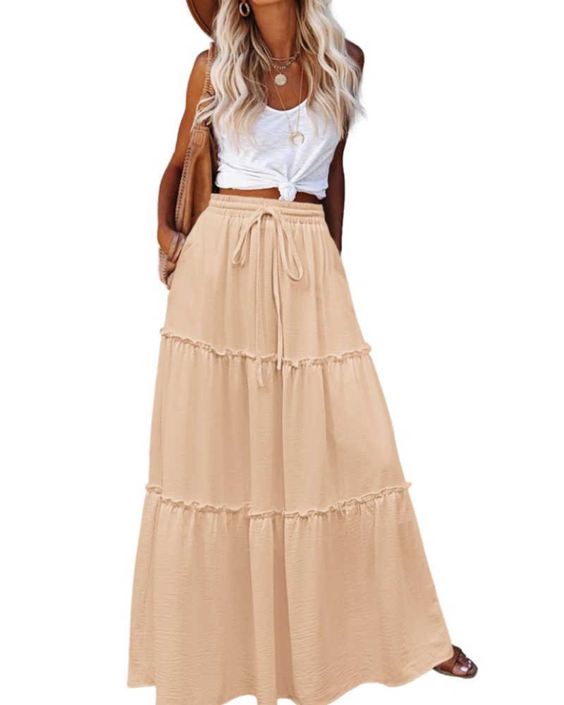 Avery Women’s Maxi Skirt – High Waist Tiered A-Line Skirt with Flared Hem