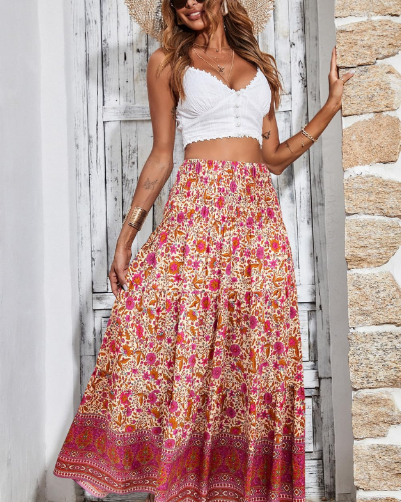 Bianca Women’s Plus Size Maxi Skirt – Boho Floral High Waist Ruffle Skirt