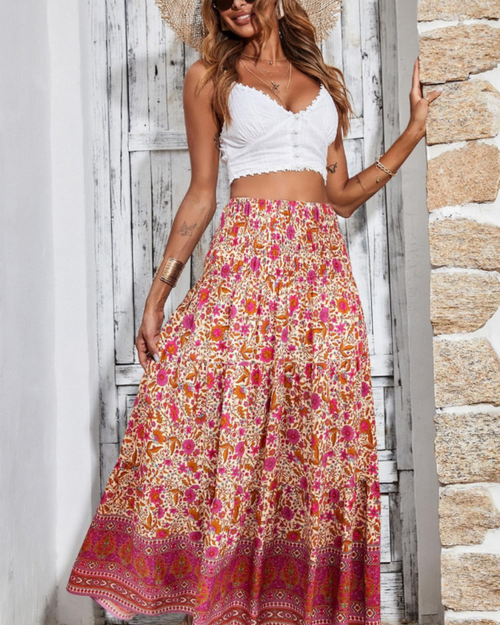 Bianca Women’s Plus Size Maxi Skirt – Boho Floral High Waist Ruffle Skirt