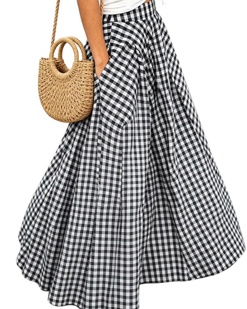 Hailey Women’s Maxi Skirt – Checked A-Line Pleated Skirt with Pockets