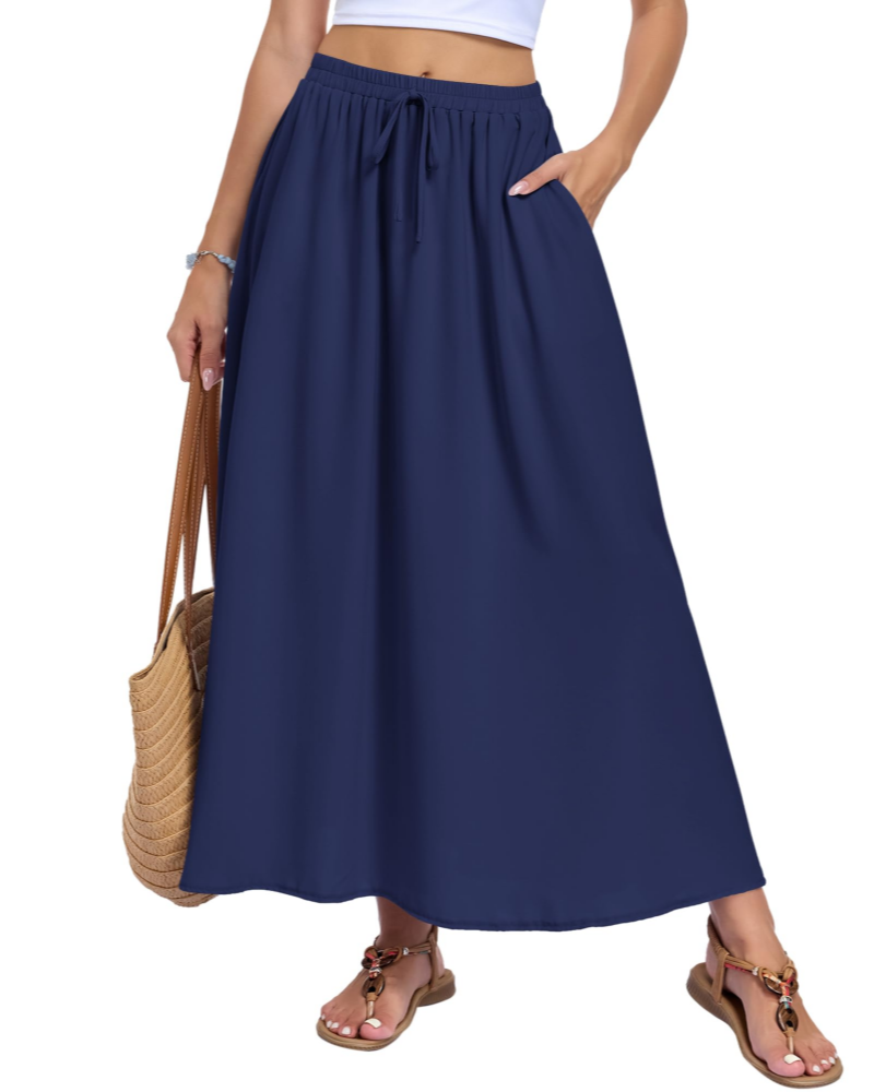 Naomi Women’s Maxi Skirt – High Waist A-Line Drawstring Skirt with Pockets