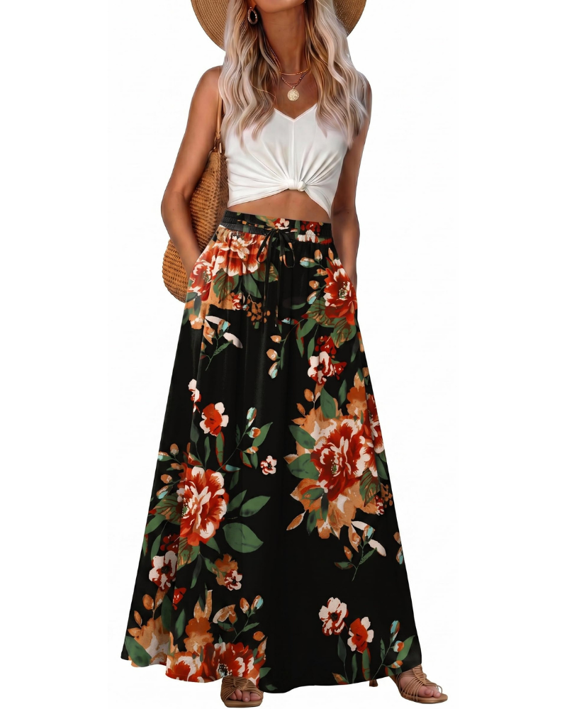 Hannah Women’s Maxi Skirt – Boho A-Line Drawstring Skirt with Pockets