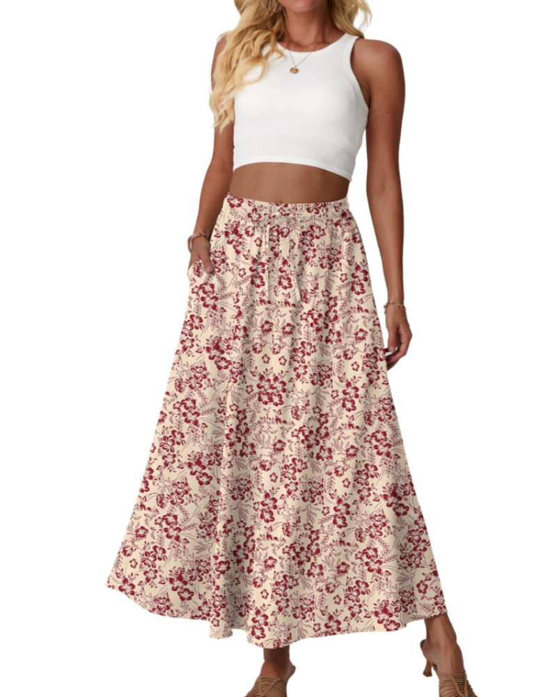 Eleanor Women’s Maxi Skirt – Floral High Waist A-Line Skirt with Pockets