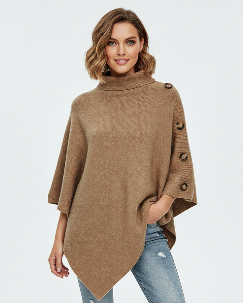 Elayne Women’s Wool Poncho – Oversized Knit Cape with High Neck & Elegant Buttons