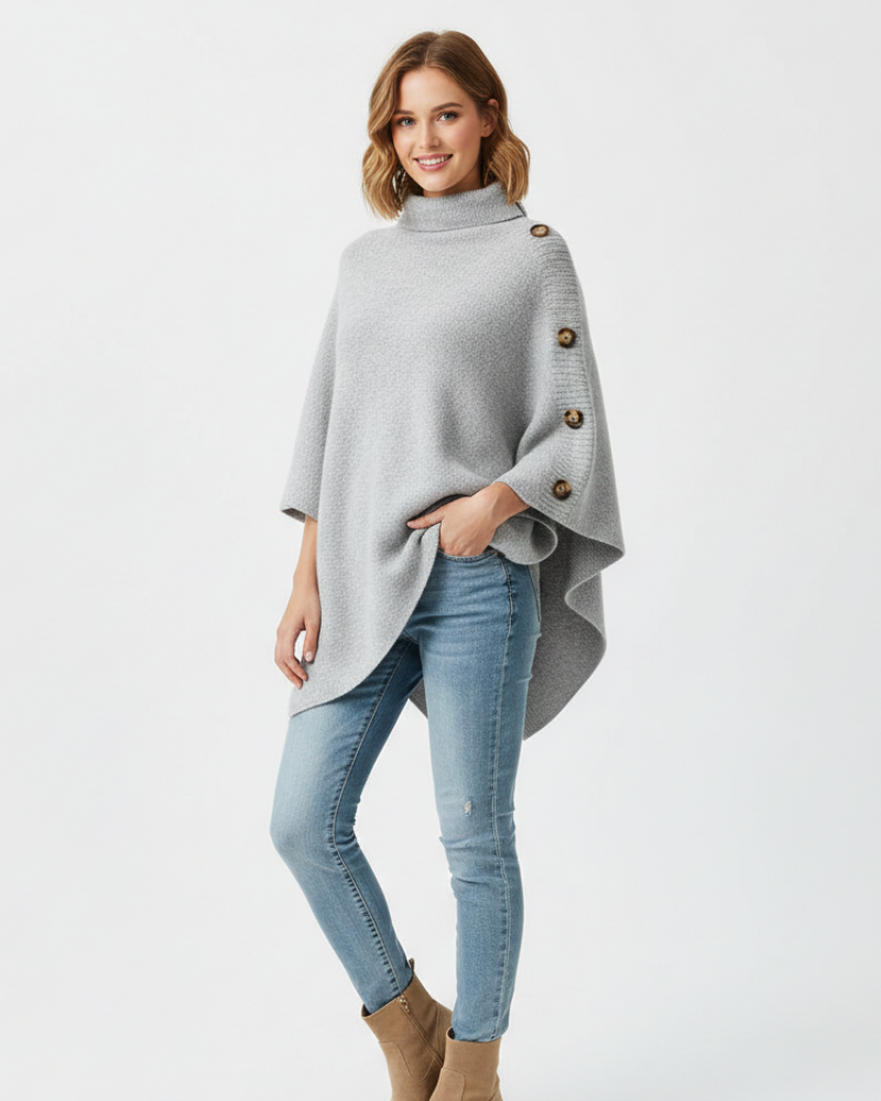 Elayne Women’s Wool Poncho – Oversized Knit Cape with High Neck & Elegant Buttons