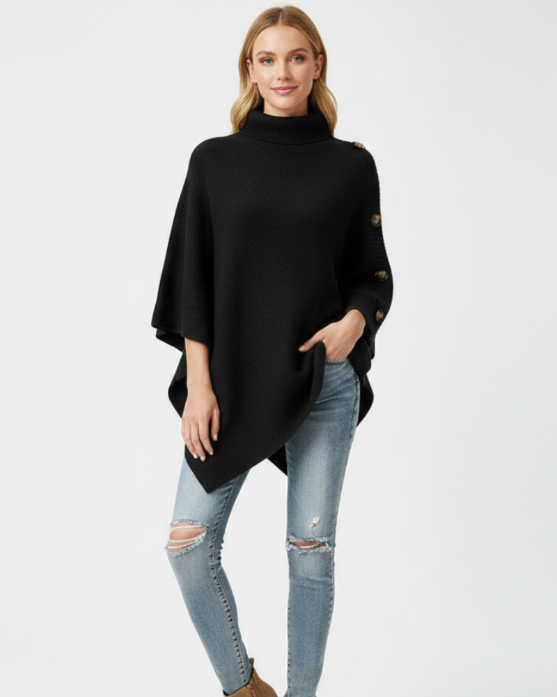 Elayne Women’s Wool Poncho – Oversized Knit Cape with High Neck & Elegant Buttons