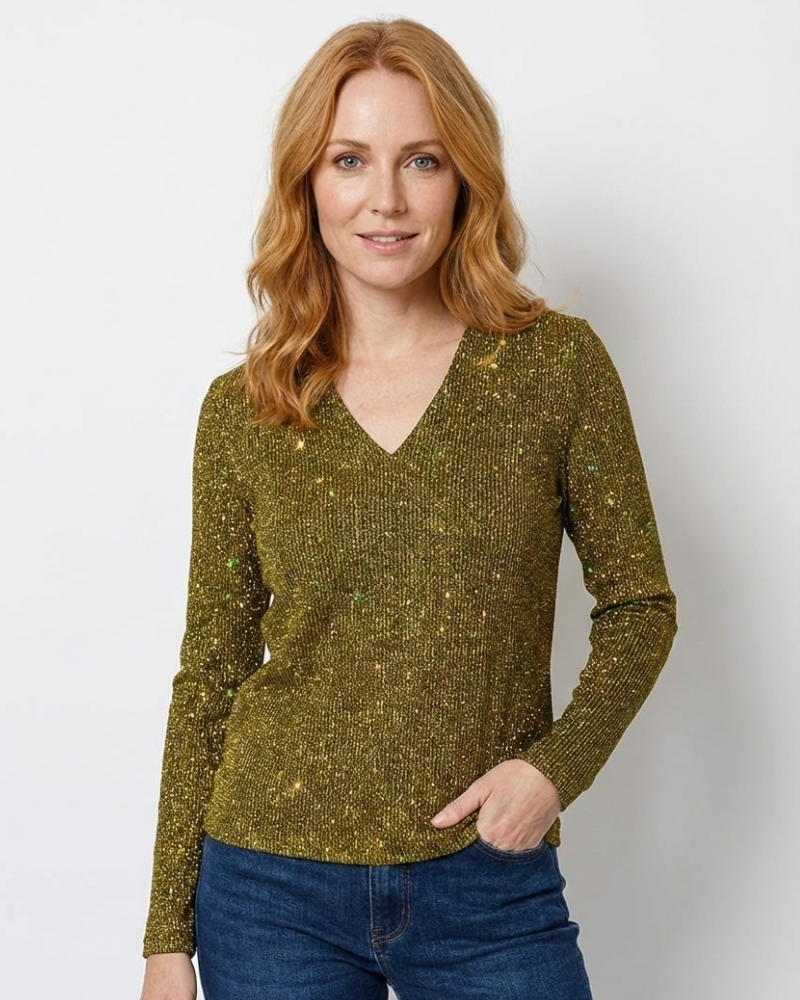 Zane Women’s Glitter V-Neck Blouse – Elegant Long Sleeve Chic Party Top