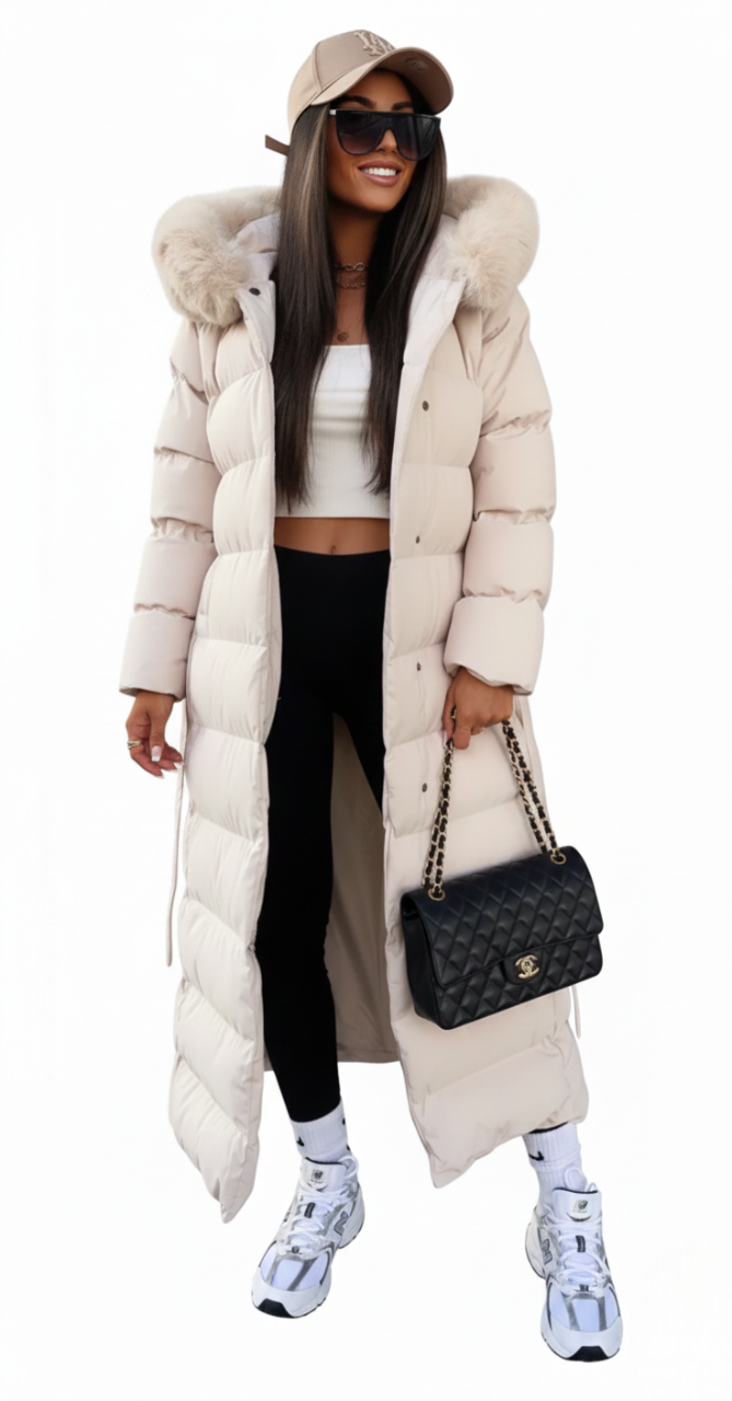Vera Women’s Winter Coat – Long Quilted Jacket with Faux Fur Collar & Belted Fit