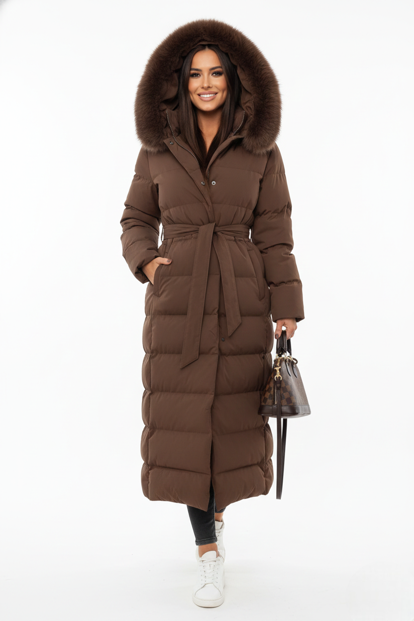 Vera Women’s Winter Coat – Long Quilted Jacket with Faux Fur Collar & Belted Fit