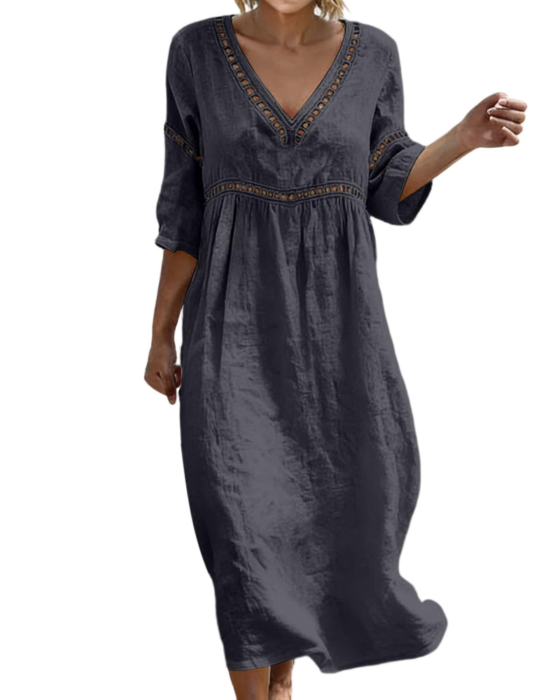 Charlotte Women's Cotton Linen Maxi Dress – V-Neck Boho Summer Dress with 3/4 Sleeves
