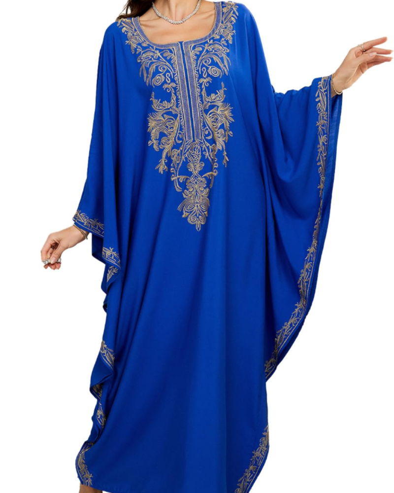 Luna Women's Boho Kaftan Dress – Embroidered Floral Beach Cover-Up