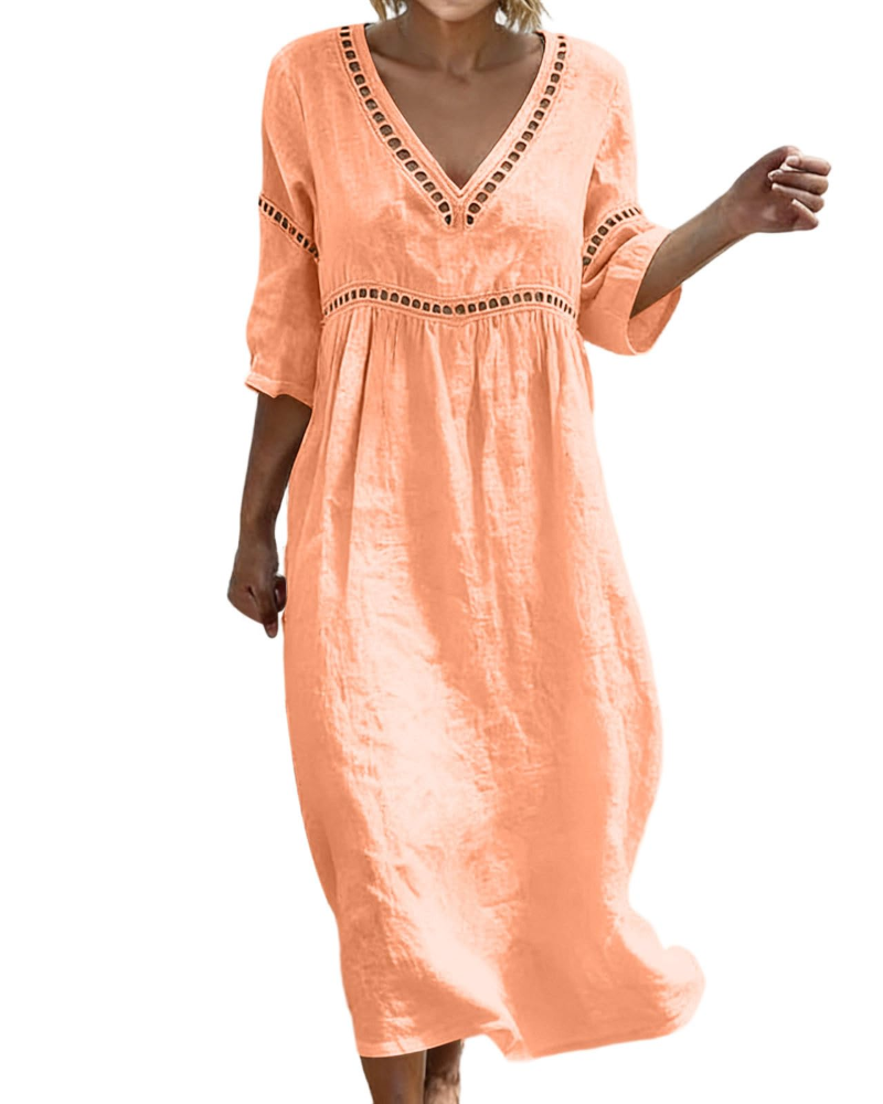 Charlotte Women's Cotton Linen Maxi Dress – V-Neck Boho Summer Dress with 3/4 Sleeves