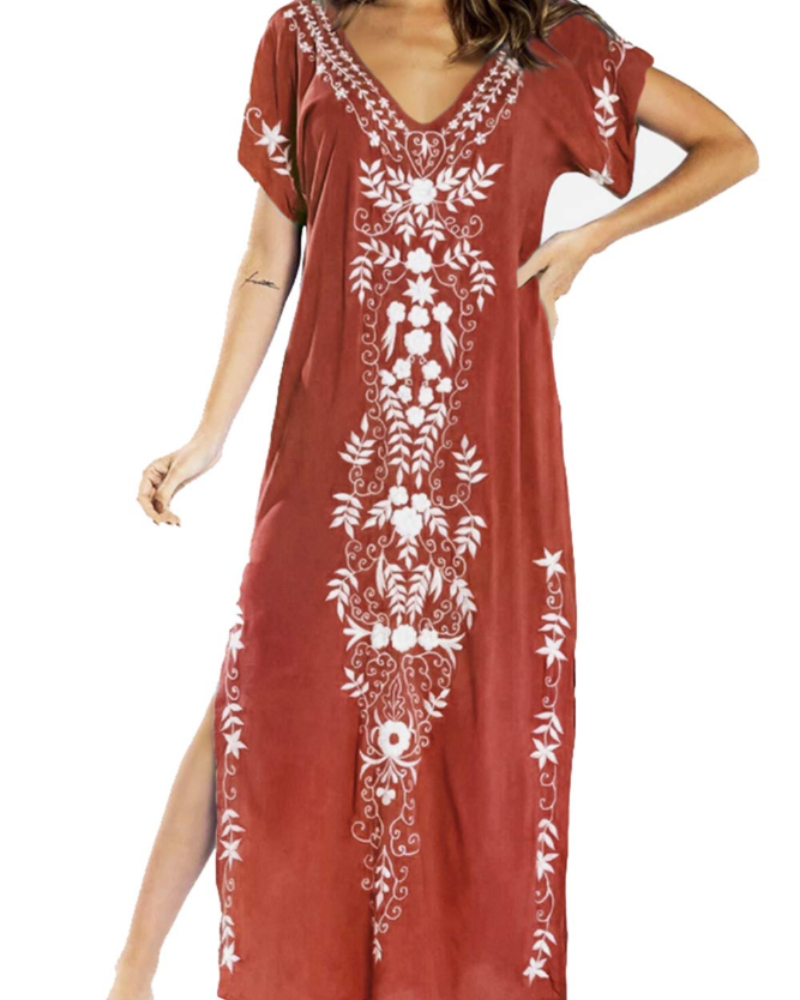 Luna Women's Boho Kaftan Dress – Embroidered Floral Beach Cover-Up