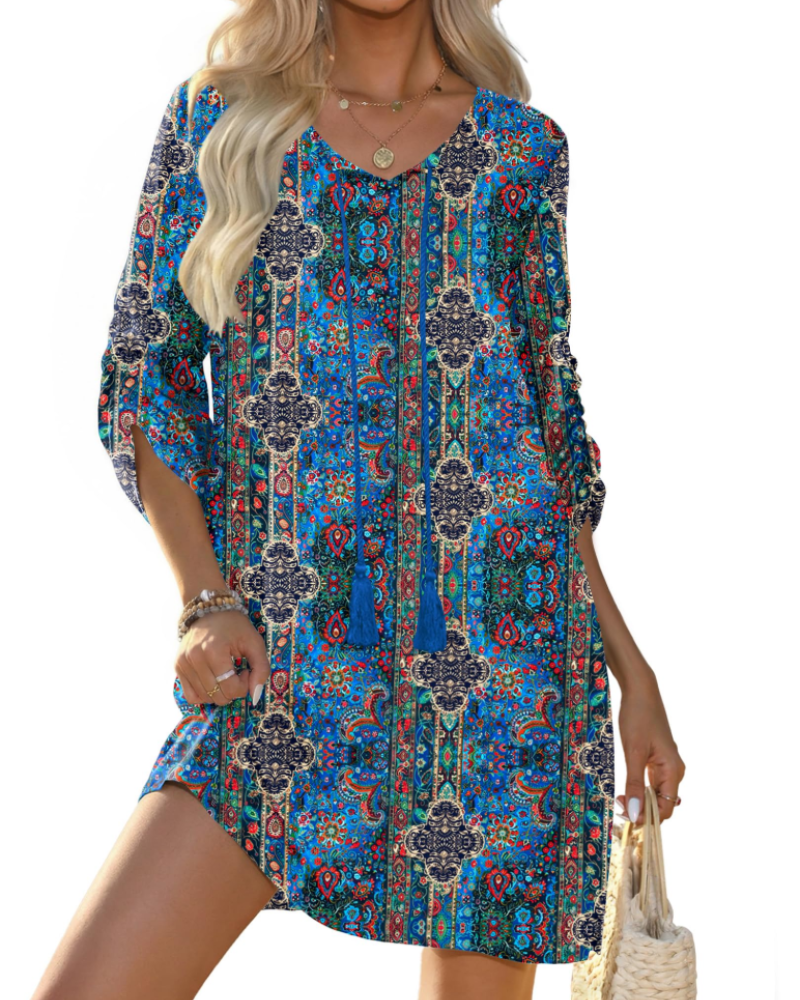 Sophie Women's Boho Tunic Dress – 3/4 Sleeve V-Neck Knee-Length Summer Dress
