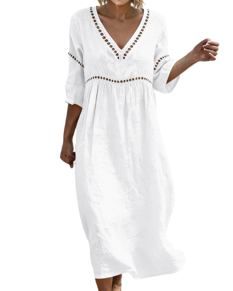 Charlotte Women's Cotton Linen Maxi Dress – V-Neck Boho Summer Dress with 3/4 Sleeves