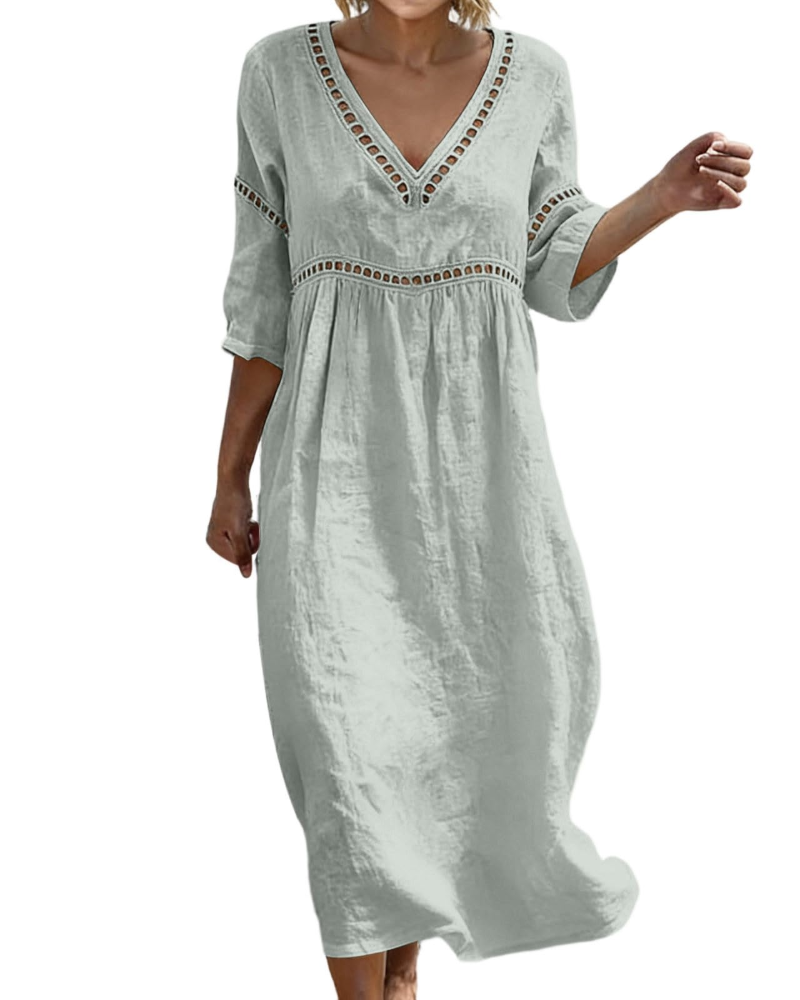 Charlotte Women's Cotton Linen Maxi Dress – V-Neck Boho Summer Dress with 3/4 Sleeves