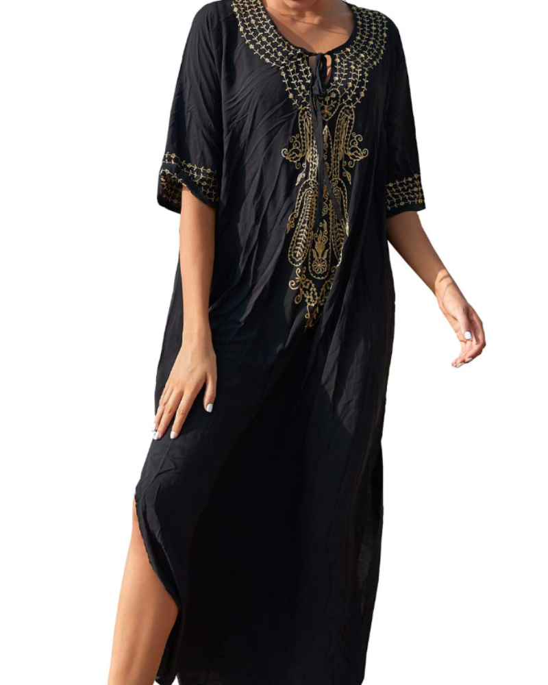 Luna Women's Boho Kaftan Dress – Embroidered Floral Beach Cover-Up