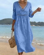 Charlotte Women's Cotton Linen Maxi Dress – V-Neck Boho Summer Dress with 3/4 Sleeves