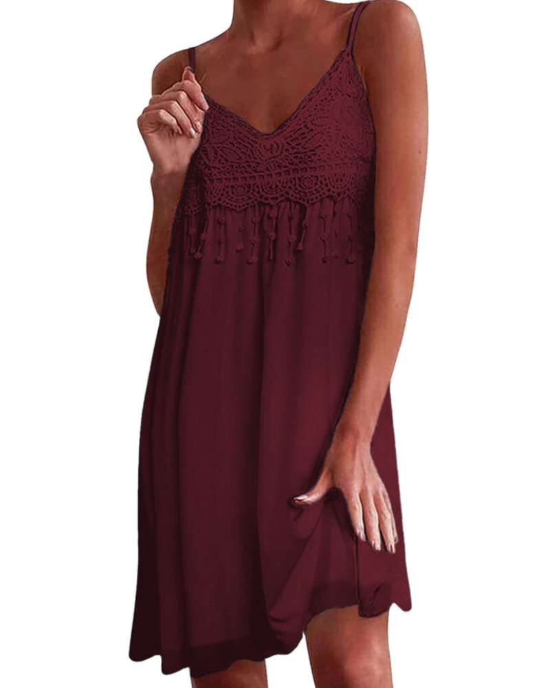 Ava Women's Boho Mini Dress – V-Neck Spaghetti Strap Fringe Summer Dress