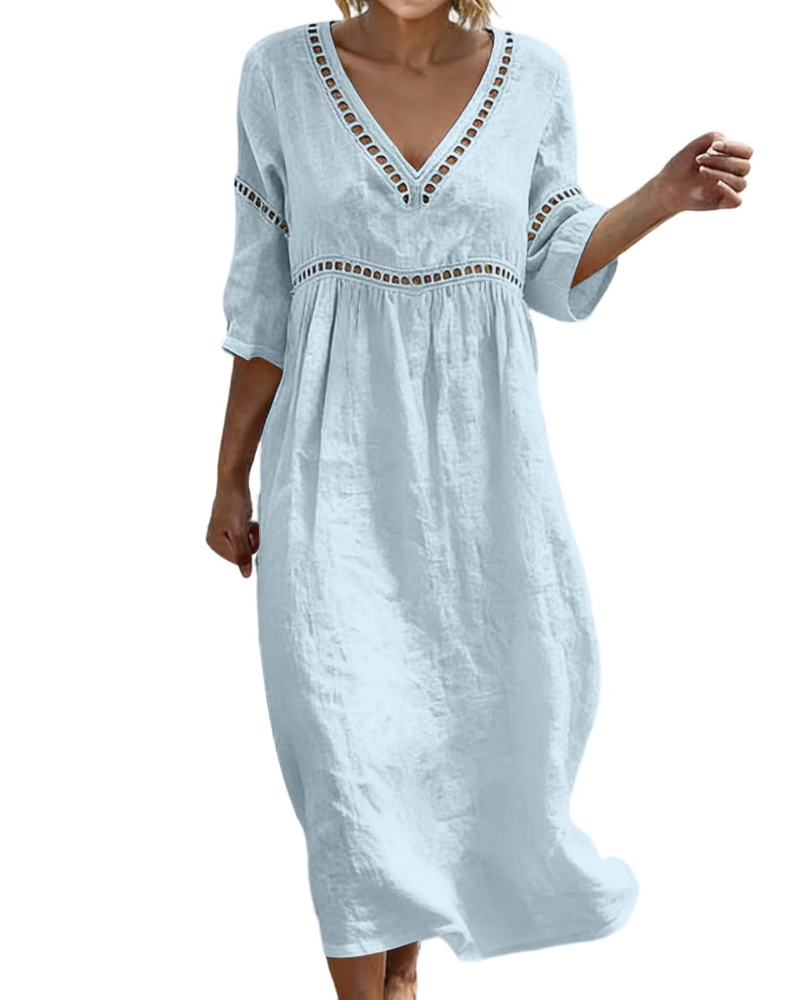 Charlotte Women's Cotton Linen Maxi Dress – V-Neck Boho Summer Dress with 3/4 Sleeves