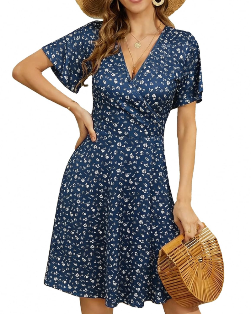 Sophia Women's Wrap Midi Dress – Floral V-Neck A-Line Summer Dress