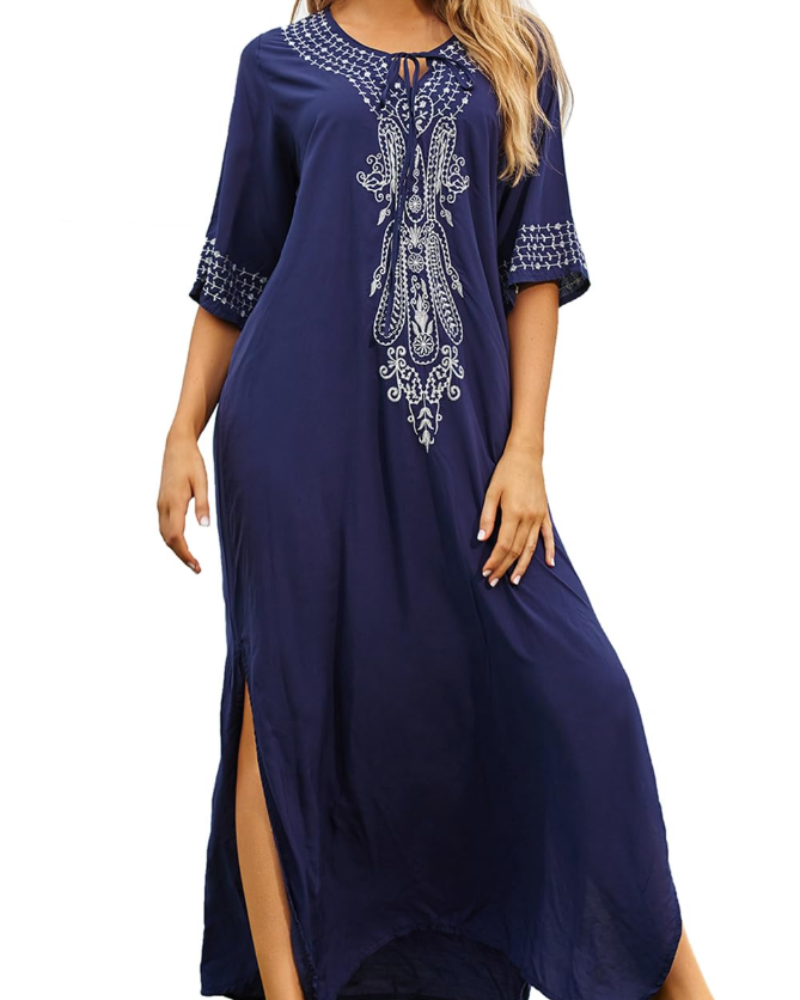Luna Women's Boho Kaftan Cover-Up – Embroidered Beach Kimono Swimwear Cover
