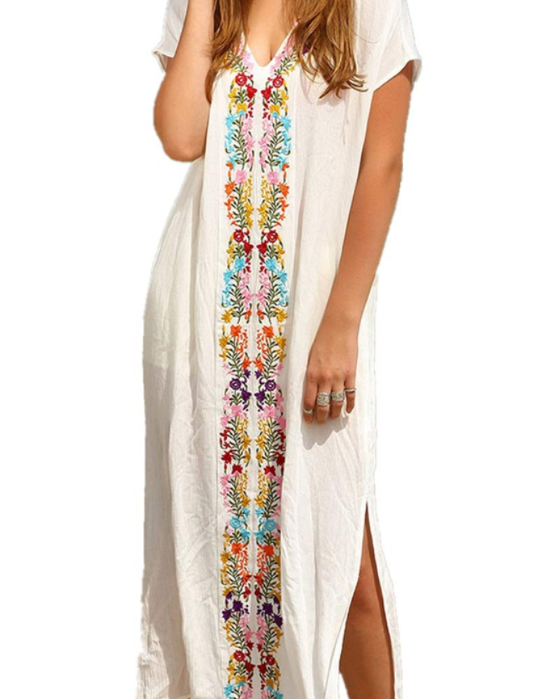 Luna Women's Boho Kaftan Dress – Embroidered Floral Beach Cover-Up