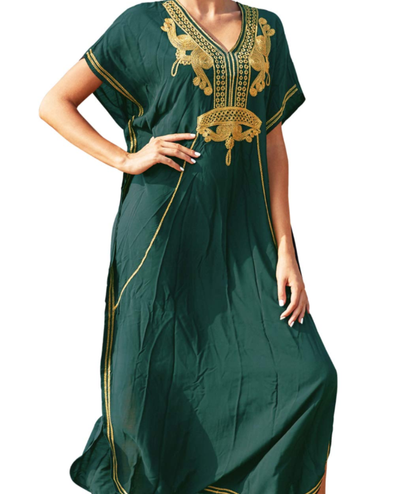 Luna Women's Boho Kaftan Dress – Embroidered Floral Beach Cover-Up