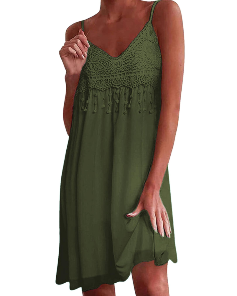 Ava Women's Boho Mini Dress – V-Neck Spaghetti Strap Fringe Summer Dress