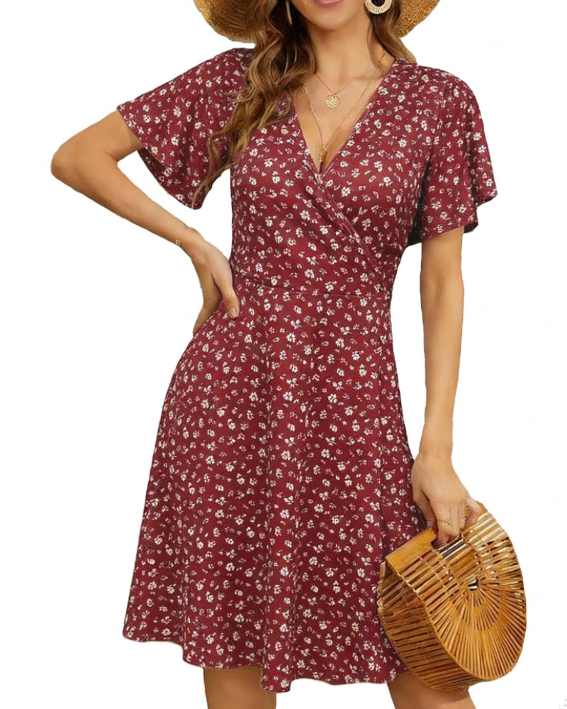 Sophia Women's Wrap Midi Dress – Floral V-Neck A-Line Summer Dress