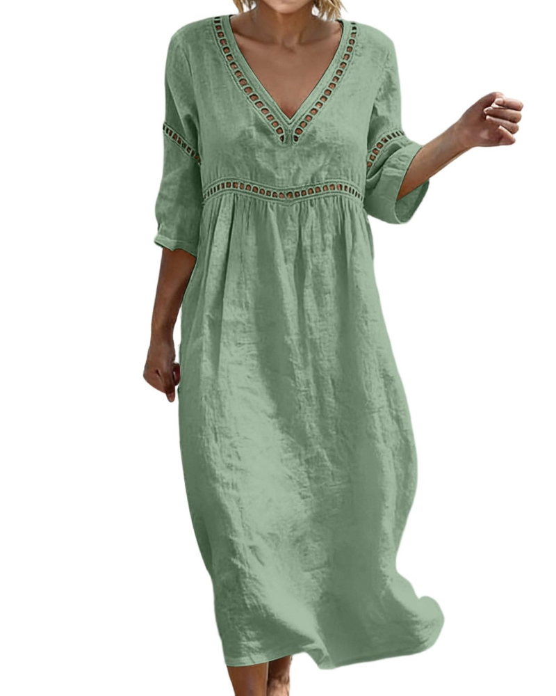 Charlotte Women's Cotton Linen Maxi Dress – V-Neck Boho Summer Dress with 3/4 Sleeves