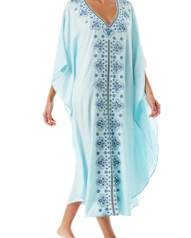 Luna Women's Boho Kaftan Dress – Embroidered Floral Beach Cover-Up