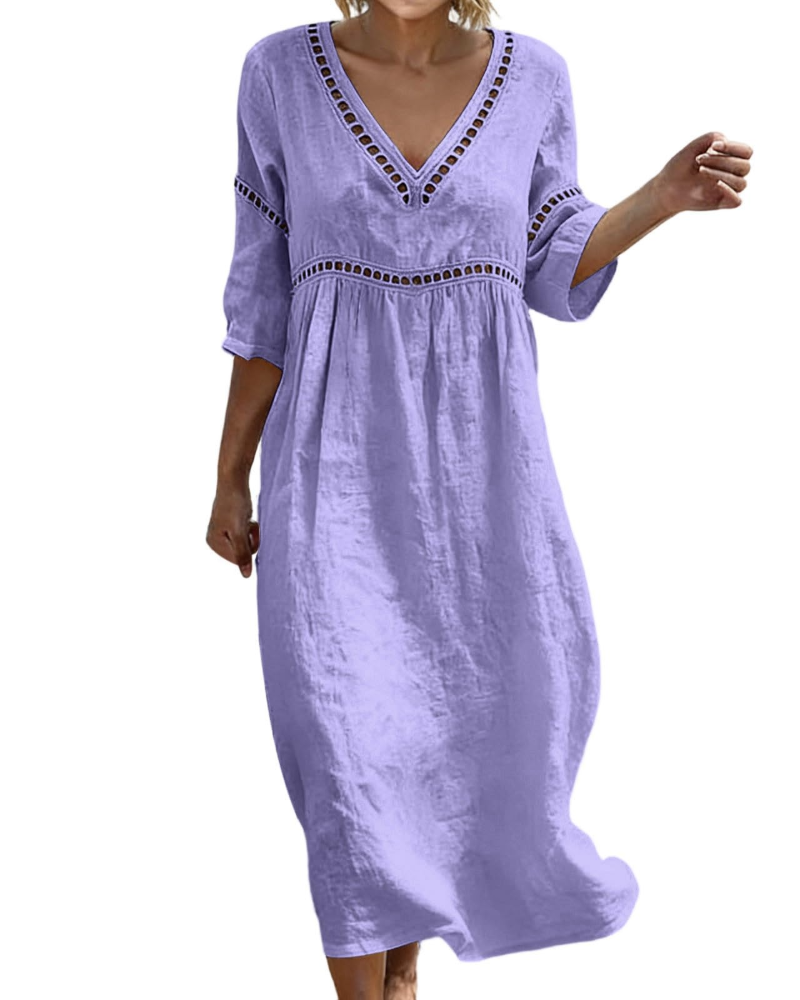 Charlotte Women's Cotton Linen Maxi Dress – V-Neck Boho Summer Dress with 3/4 Sleeves