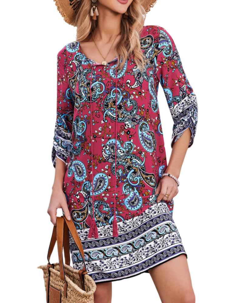 Sophie Women's Boho Tunic Dress – 3/4 Sleeve V-Neck Knee-Length Summer Dress