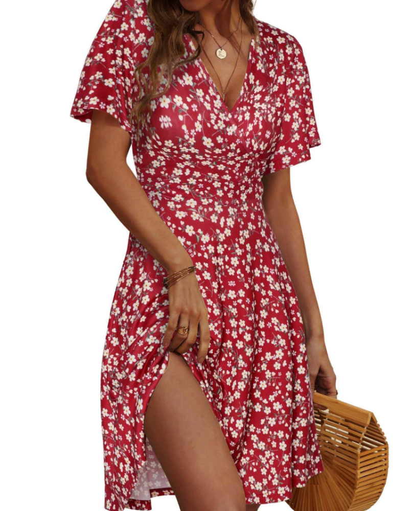 Sophia Women's Wrap Midi Dress – Floral V-Neck A-Line Summer Dress