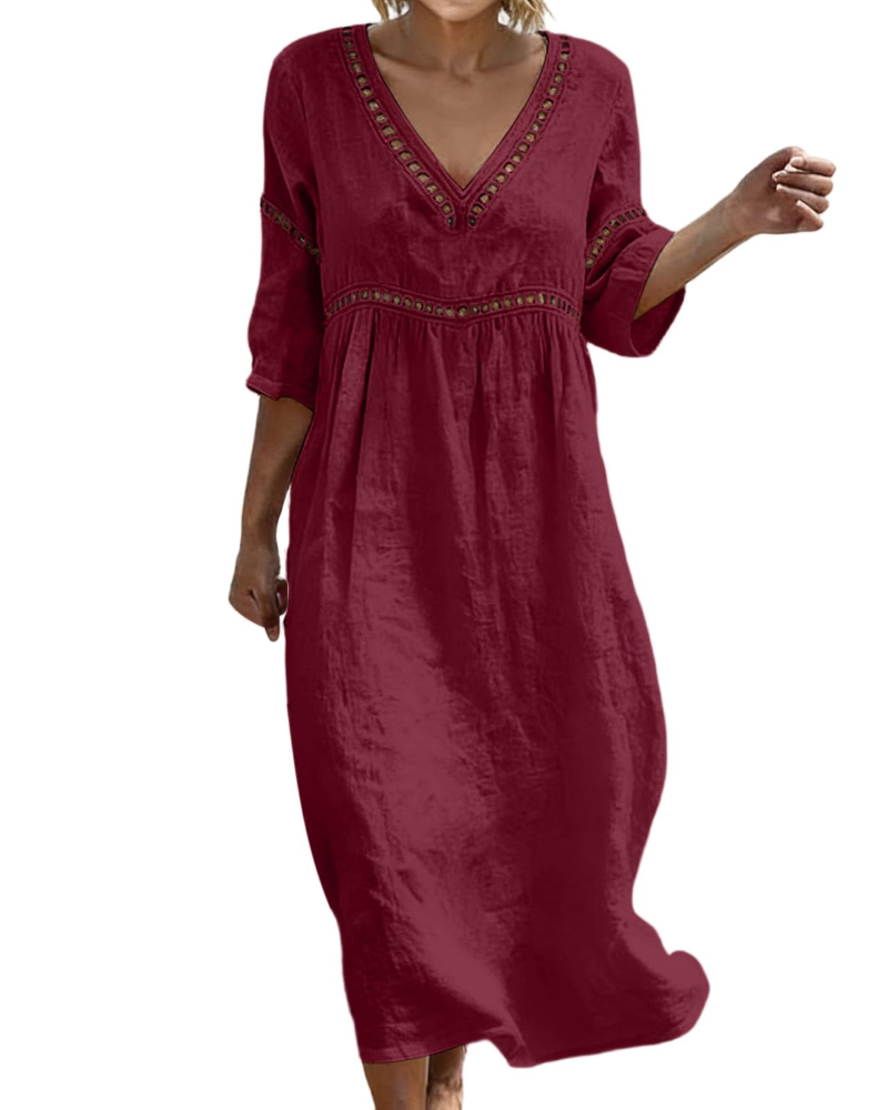 Charlotte Women's Cotton Linen Maxi Dress – V-Neck Boho Summer Dress with 3/4 Sleeves