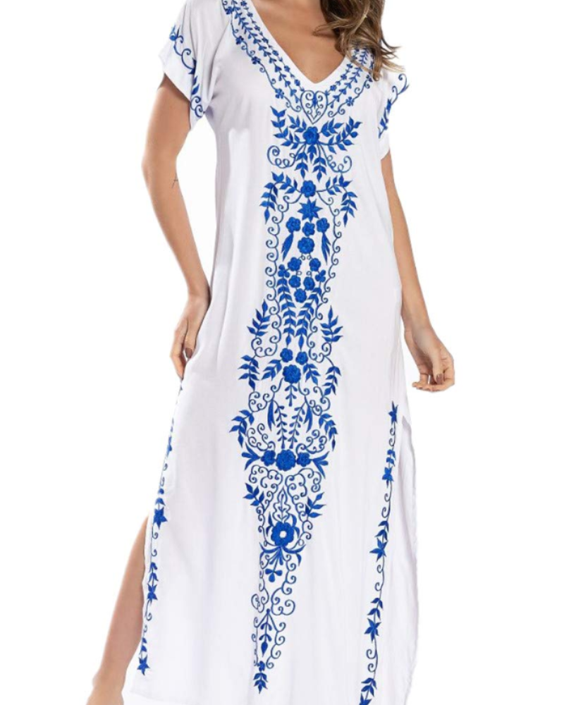 Luna Women's Boho Kaftan Dress – Embroidered Floral Beach Cover-Up