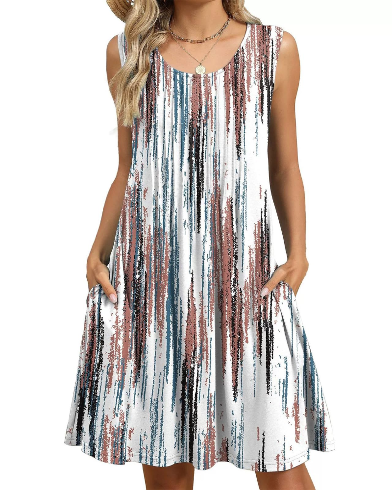 Olivia Women's Floral Midi Dress – Sleeveless Boho Beach Dress with Pockets