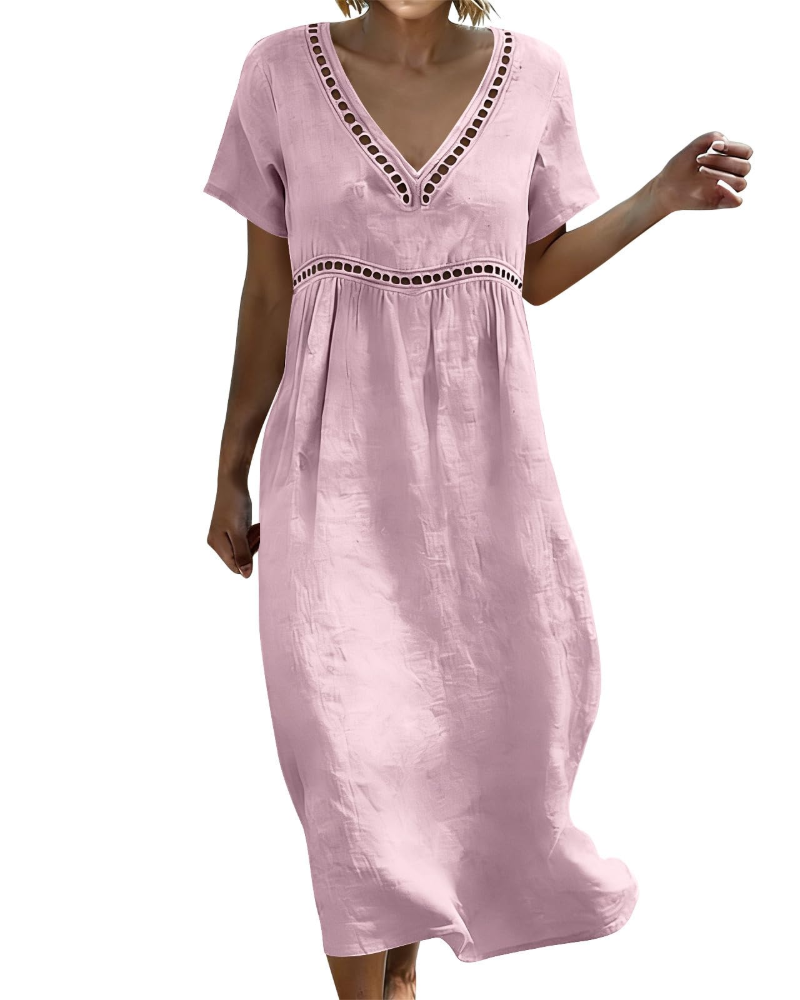 Charlotte Women's Cotton Linen Maxi Dress – V-Neck Boho Summer Dress with 3/4 Sleeves