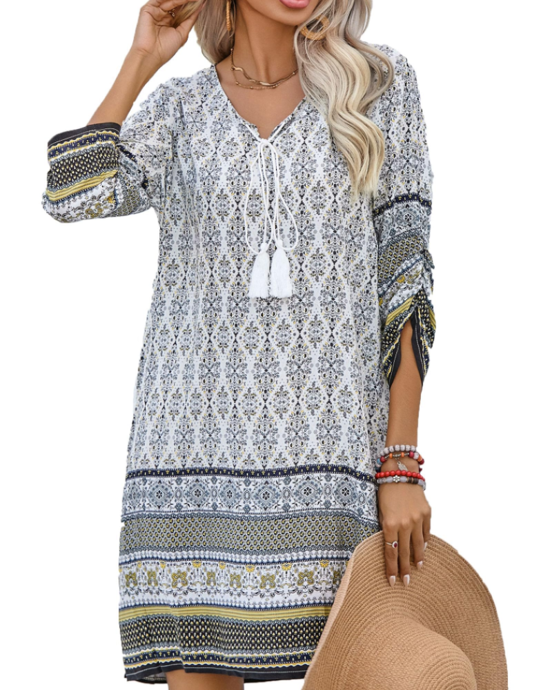Sophie Women's Boho Tunic Dress – 3/4 Sleeve V-Neck Knee-Length Summer Dress