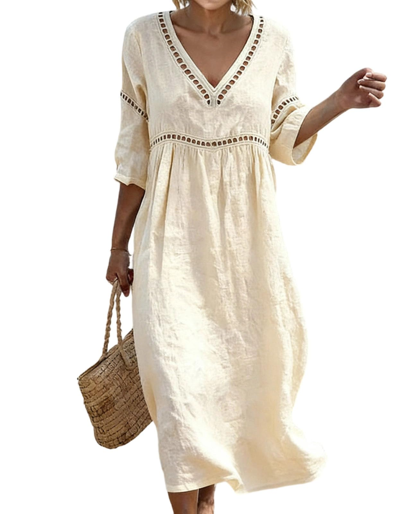 Charlotte Women's Cotton Linen Maxi Dress – V-Neck Boho Summer Dress with 3/4 Sleeves