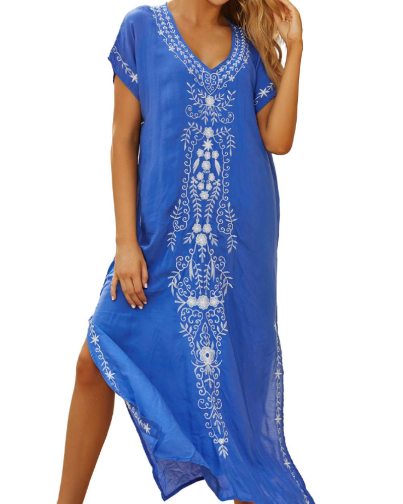 Luna Women's Boho Kaftan Dress – Embroidered Floral Beach Cover-Up