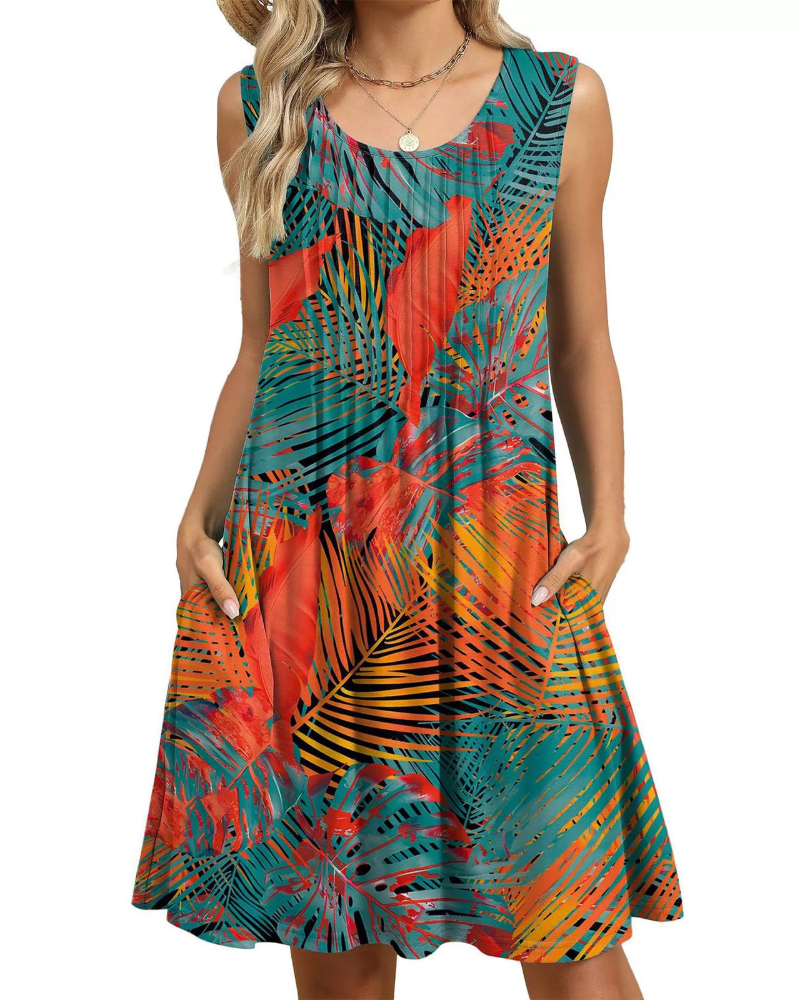 Olivia Women's Floral Midi Dress – Sleeveless Boho Beach Dress with Pockets