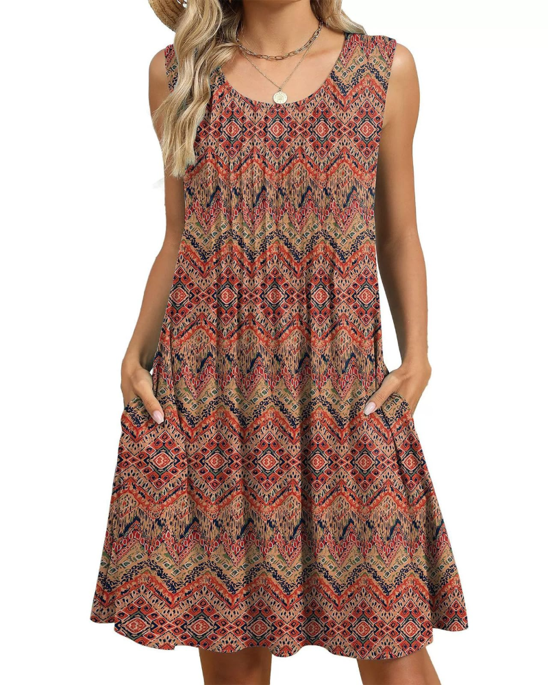 Olivia Women's Floral Midi Dress – Sleeveless Boho Beach Dress with Pockets