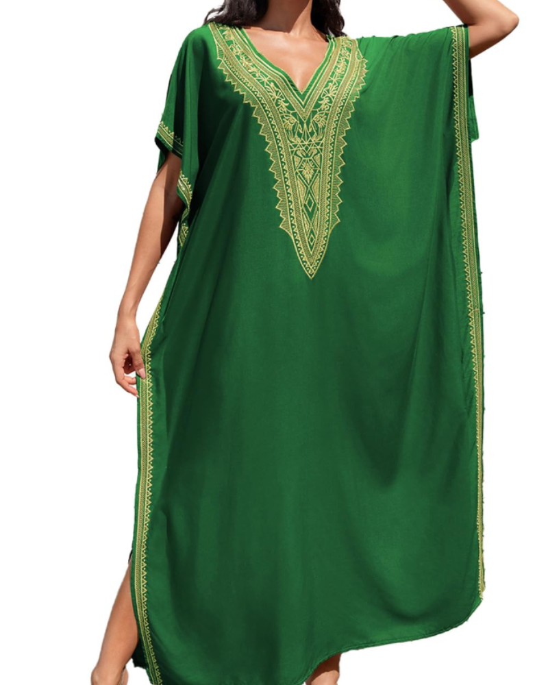 Luna Women's Boho Kaftan Dress – Embroidered Floral Beach Cover-Up