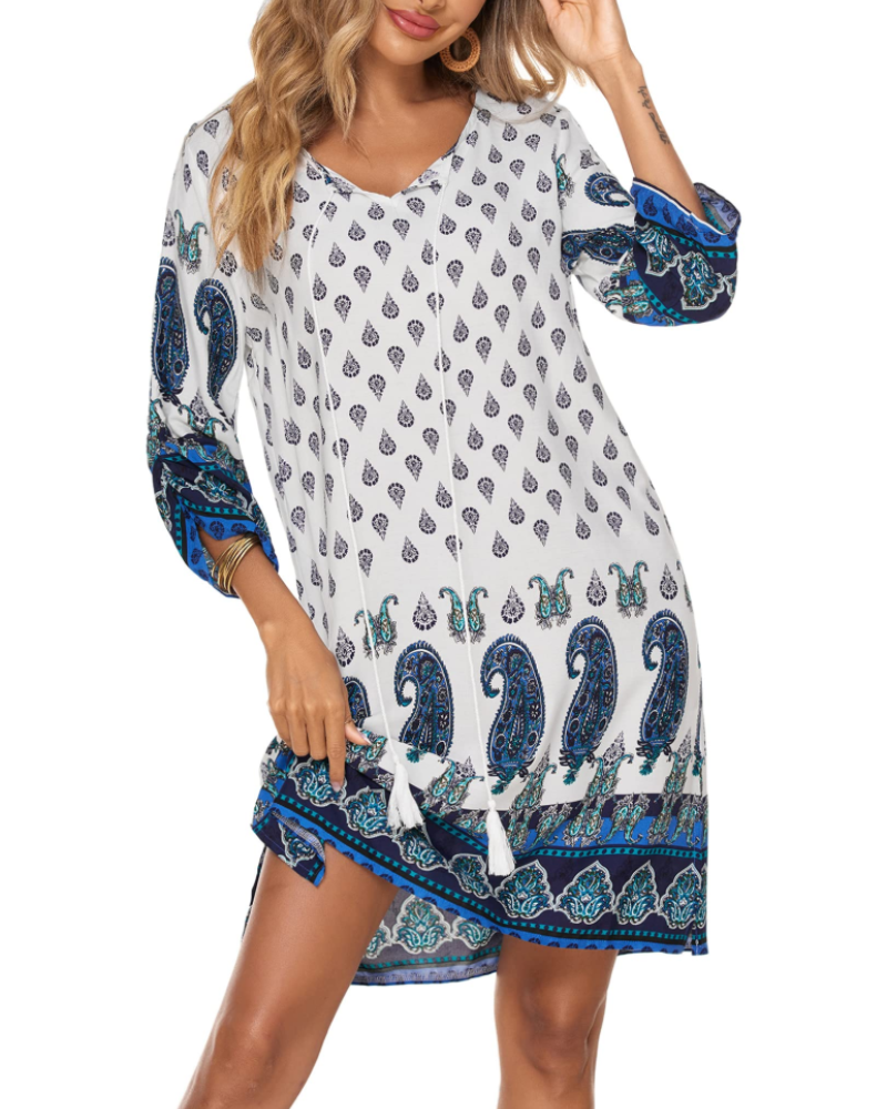 Sophie Women's Boho Tunic Dress – 3/4 Sleeve V-Neck Knee-Length Summer Dress